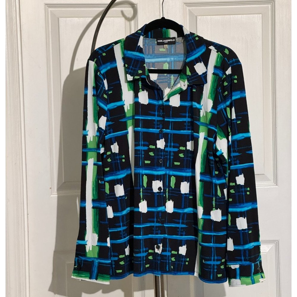 Karl Lagerfeld, Blue & Green Design Blouse, Women's Size XL